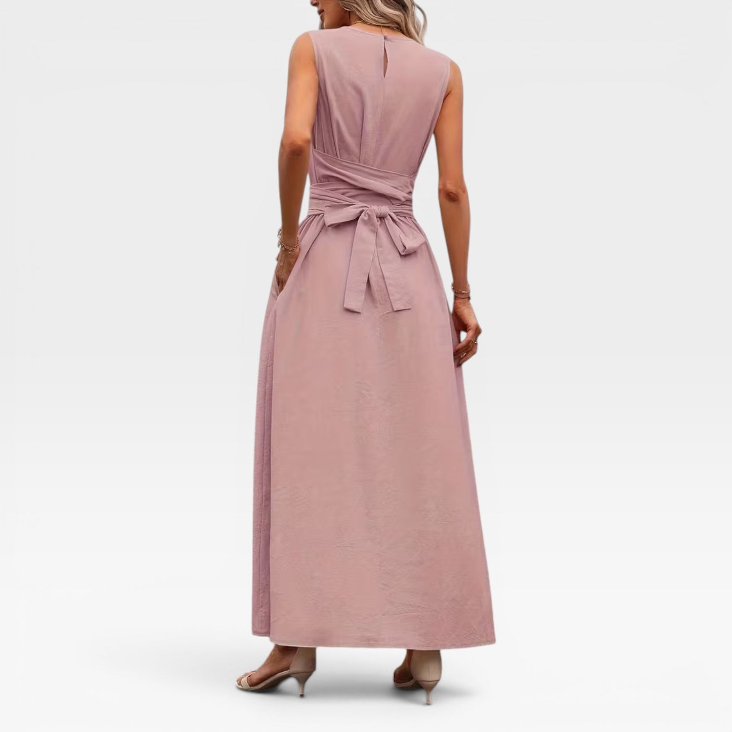Women's Linen Blend Maxi Dress – Tie Waist Sleeveless Summer