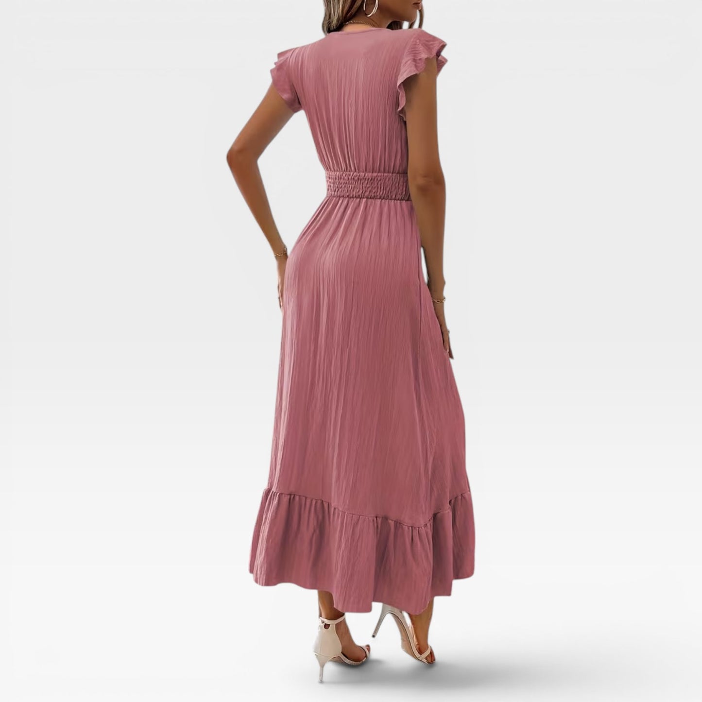 Women's V-Neck Midi Dress – Shirred Waist Cap Sleeve Wedding Guest