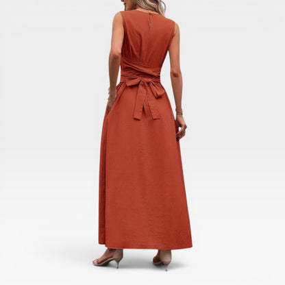 Women's Linen Blend Maxi Dress – Tie Waist Sleeveless Summer