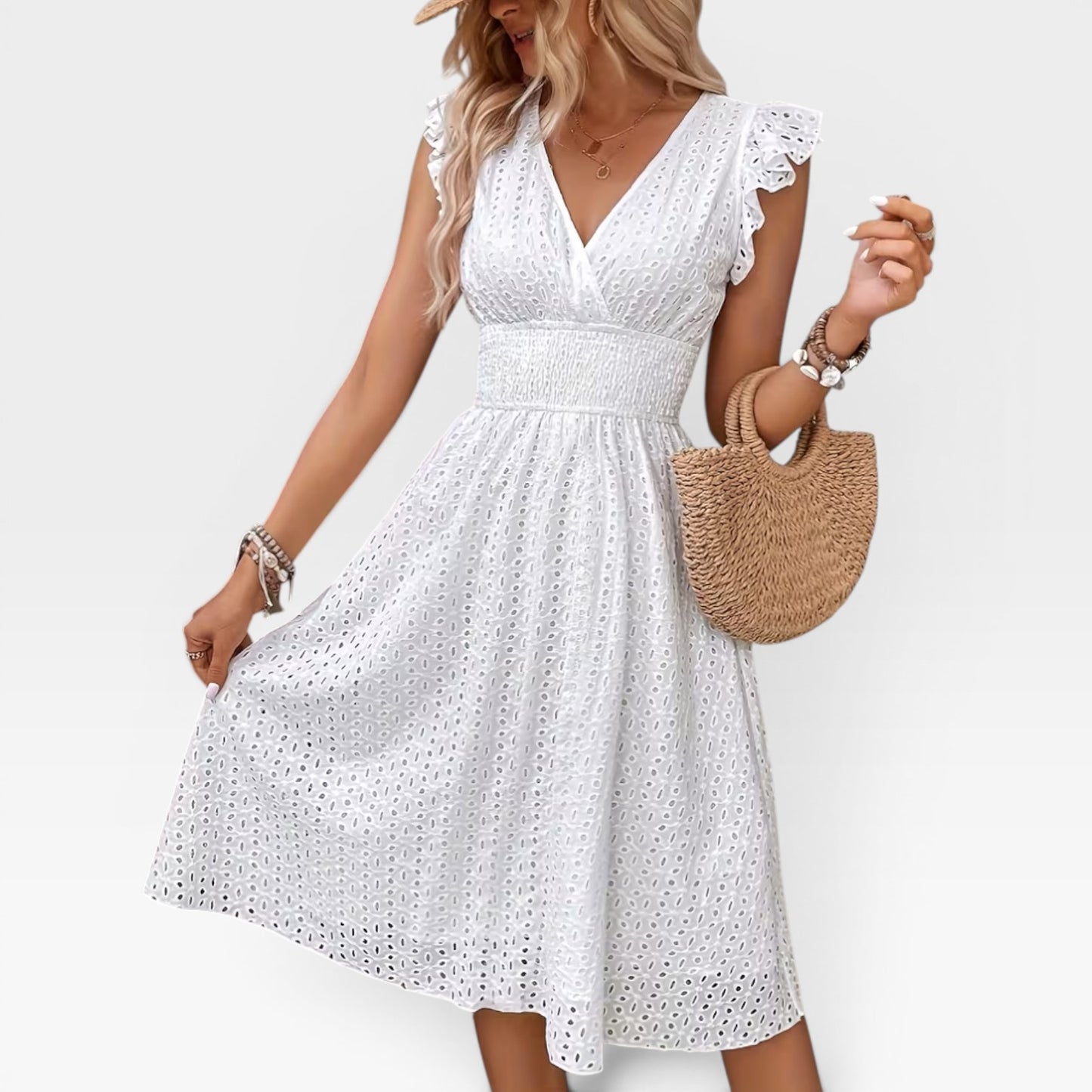 Women's Broderie Anglaise Midi Dress – V-Neck Sleeveless Summer