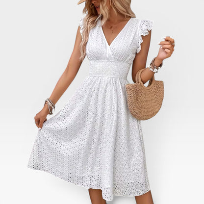 Women's Broderie Anglaise Midi Dress – V-Neck Sleeveless Summer