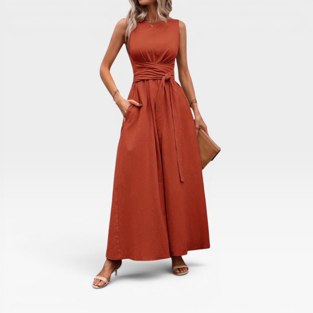 Women's Linen Blend Maxi Dress – Tie Waist Sleeveless Summer