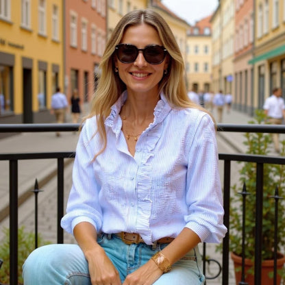 Women's Striped Ruffle Blouse – Long Sleeve, Stand Collar, Elegant Casual Fit