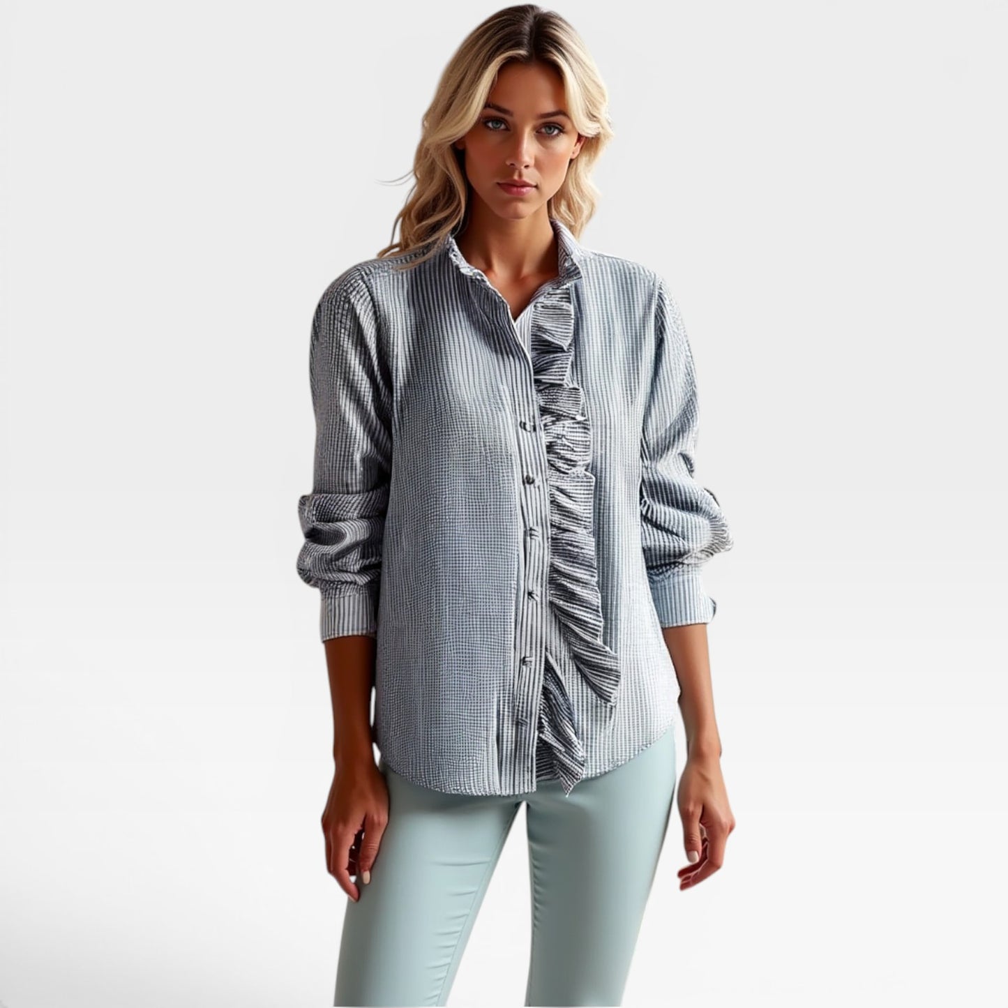 Women's Striped Ruffle Blouse – Long Sleeve, Stand Collar, Elegant Casual Fit