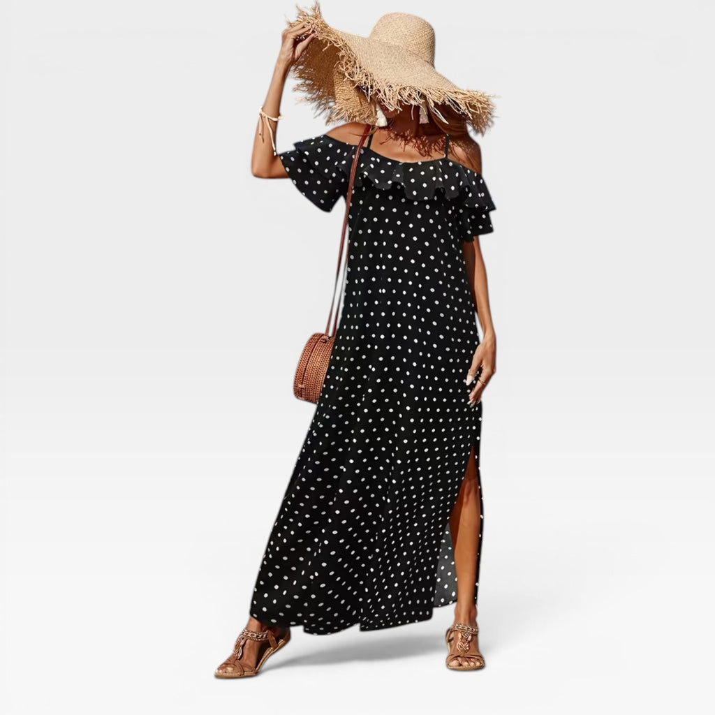 Women's Polka Dot Maxi Dress – Off Shoulder Floaty Summer