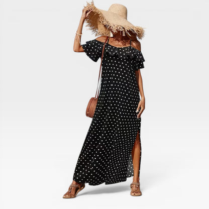 Women's Polka Dot Maxi Dress – Off Shoulder Floaty Summer