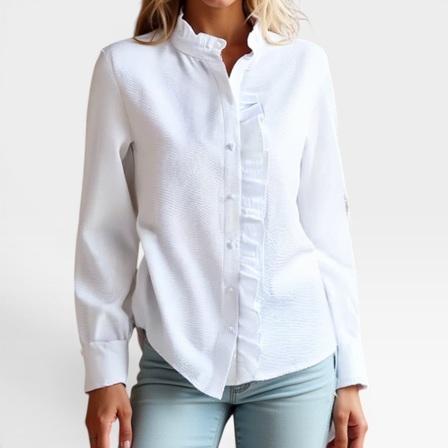 Women's Striped Ruffle Blouse – Long Sleeve, Stand Collar, Elegant Casual Fit
