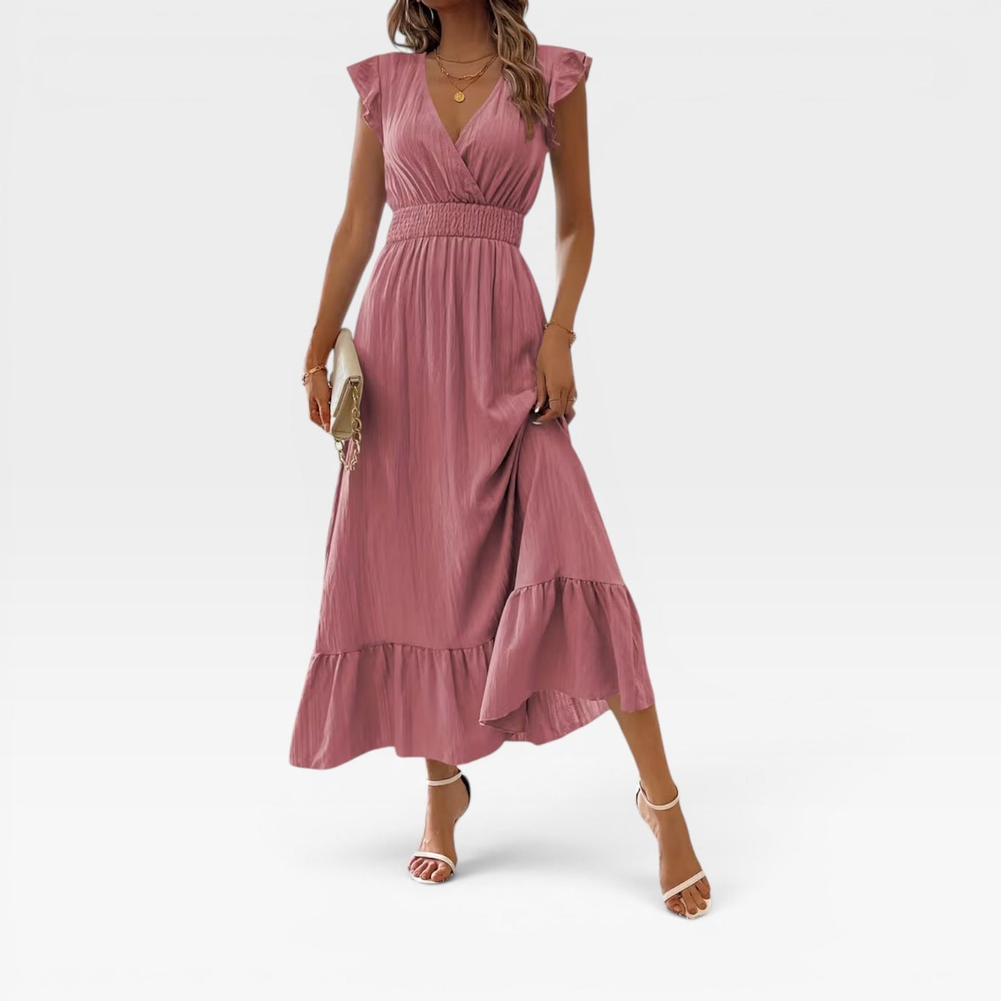 Women's V-Neck Midi Dress – Shirred Waist Cap Sleeve Wedding Guest