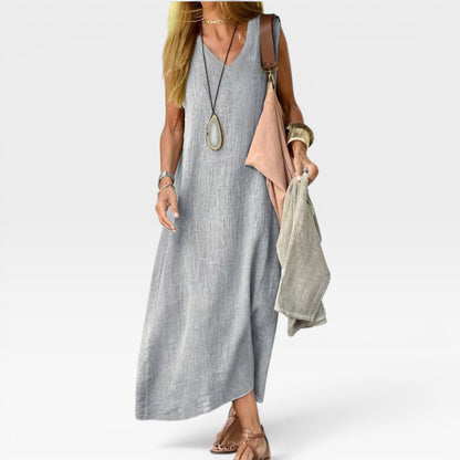 Women's Linen Blend Maxi Dress – V-Neck Sleeveless Relaxed Summer