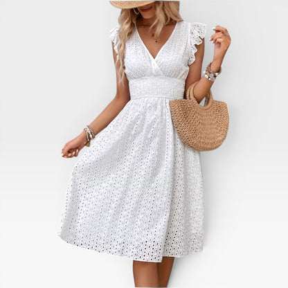 Women's Broderie Anglaise Midi Dress – V-Neck Sleeveless Summer