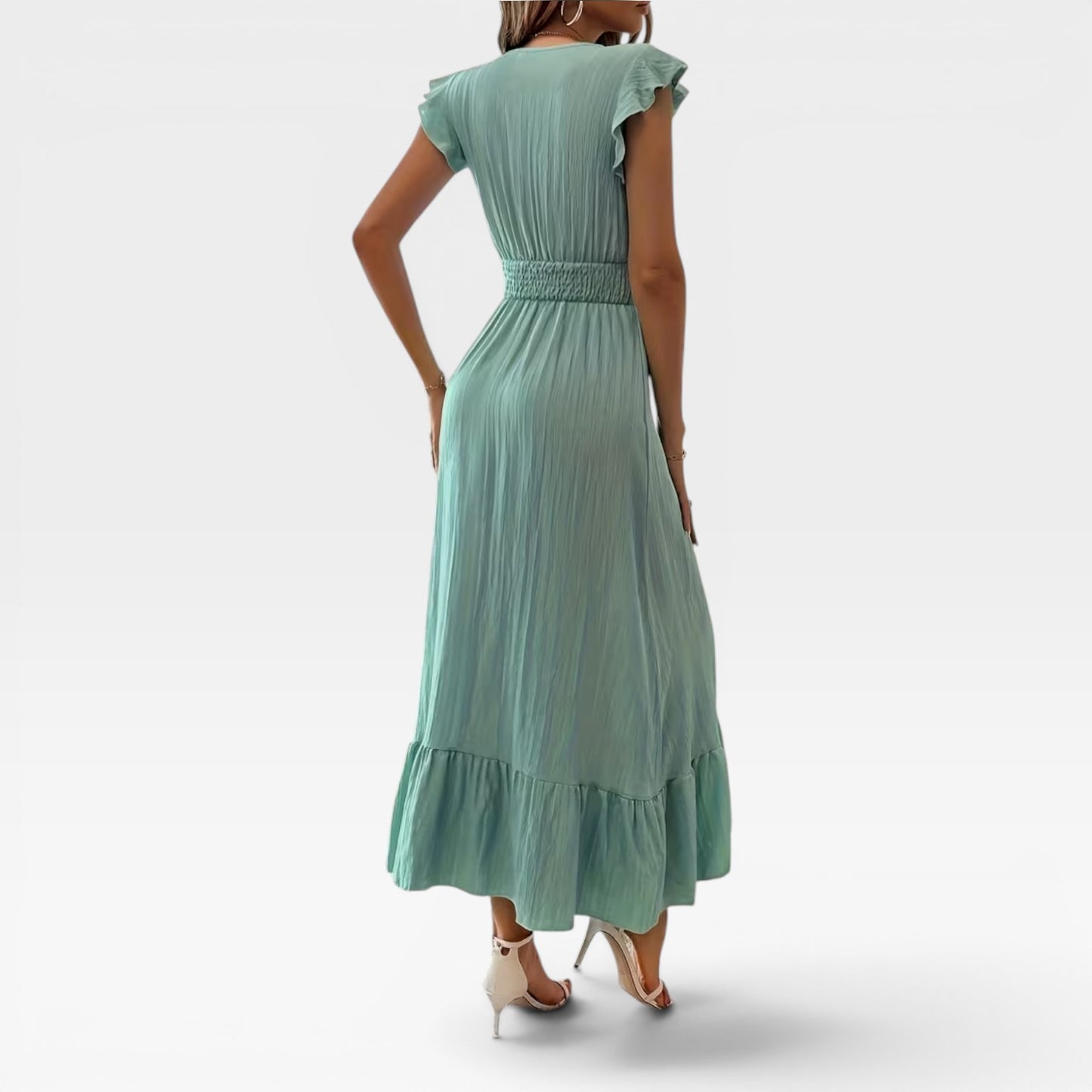 Women's V-Neck Midi Dress – Shirred Waist Cap Sleeve Wedding Guest