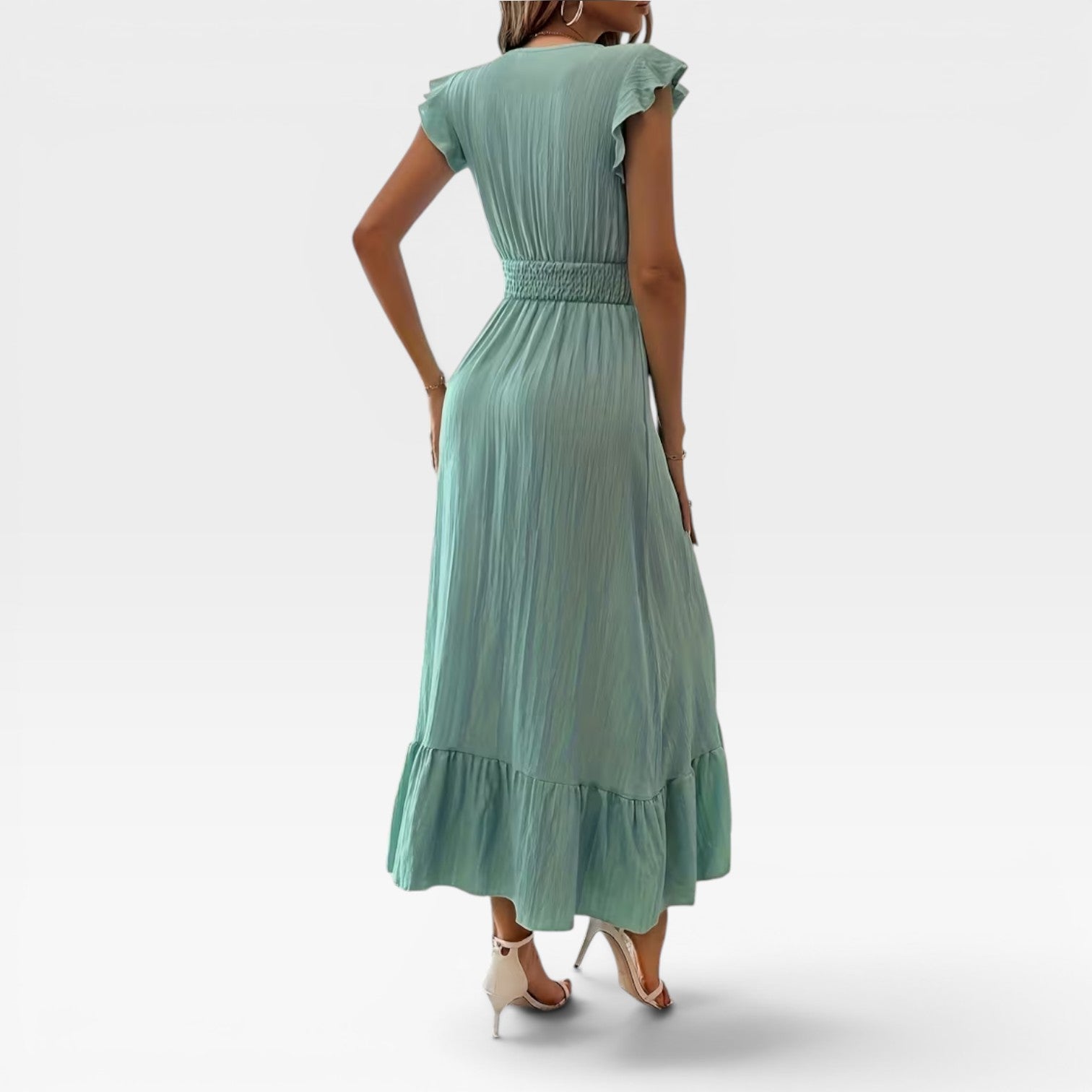 Women's V-Neck Midi Dress – Shirred Waist Cap Sleeve Wedding Guest