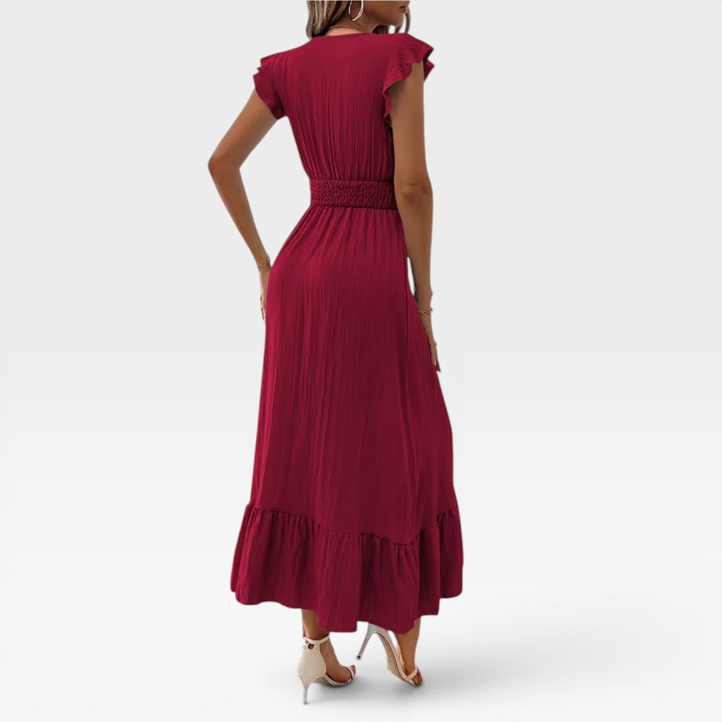 Women's V-Neck Midi Dress – Shirred Waist Cap Sleeve Wedding Guest