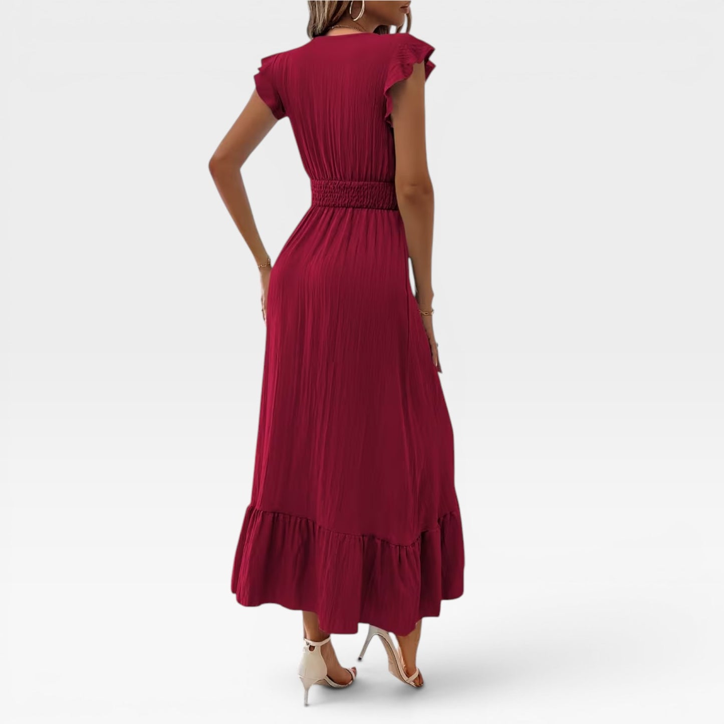 Women's V-Neck Midi Dress – Shirred Waist Cap Sleeve Wedding Guest