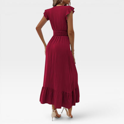 Women's V-Neck Midi Dress – Shirred Waist Cap Sleeve Wedding Guest