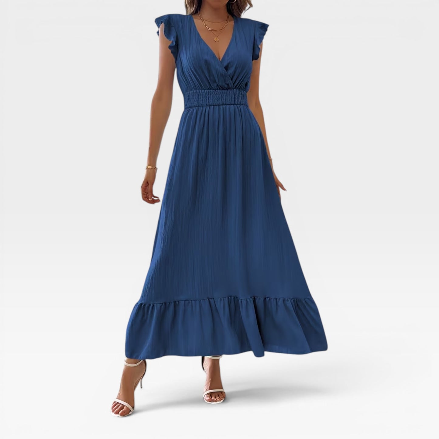 Women's V-Neck Midi Dress – Shirred Waist Cap Sleeve Wedding Guest