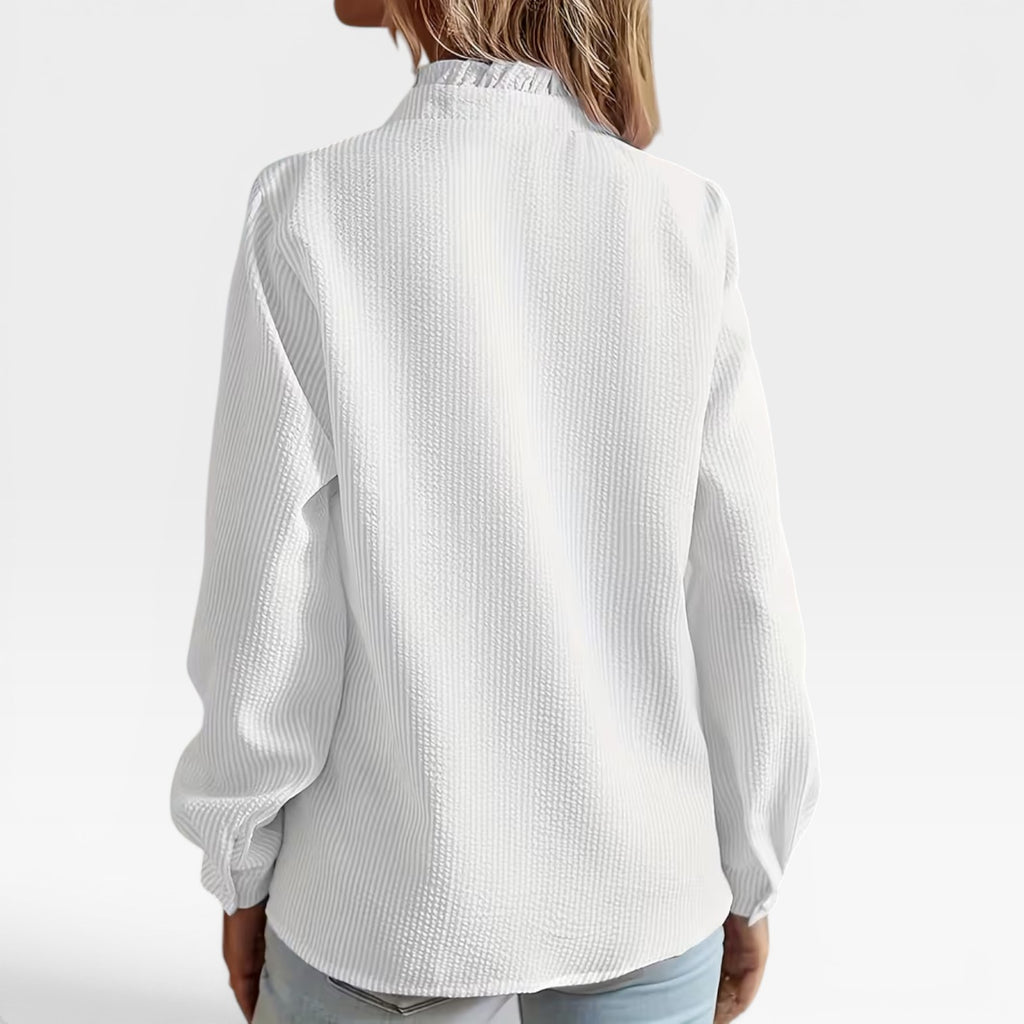 Women's Striped Ruffle Blouse – Long Sleeve, Stand Collar, Elegant Casual Fit