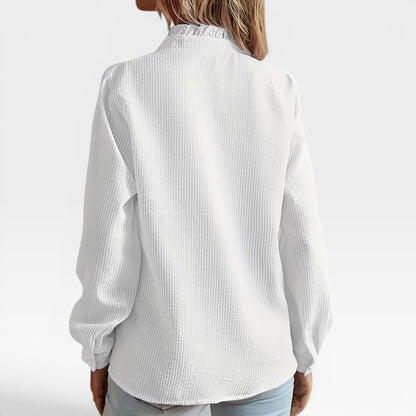 Women's Striped Ruffle Blouse – Long Sleeve, Stand Collar, Elegant Casual Fit