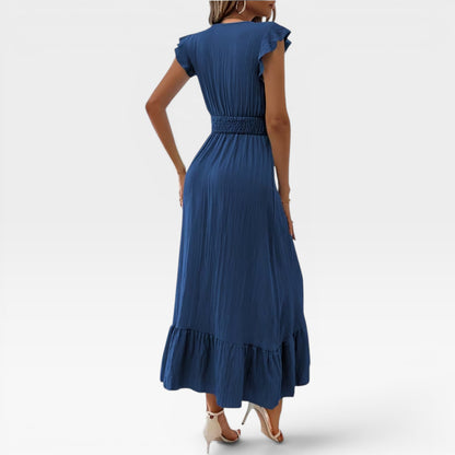 Women's V-Neck Midi Dress – Shirred Waist Cap Sleeve Wedding Guest