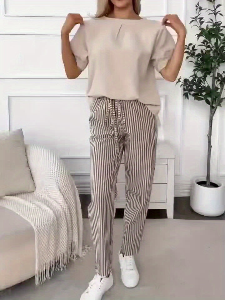 Women's Wide-Leg Striped Summer Trousers – High Waist, Lightweight & Breathable