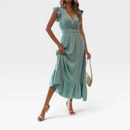 Women's V-Neck Midi Dress – Shirred Waist Cap Sleeve Wedding Guest