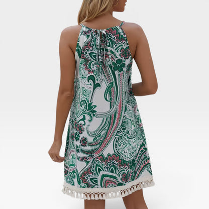 Women's Boho Paisley Mini Dress – Halter Neck Tassel Hem Summer