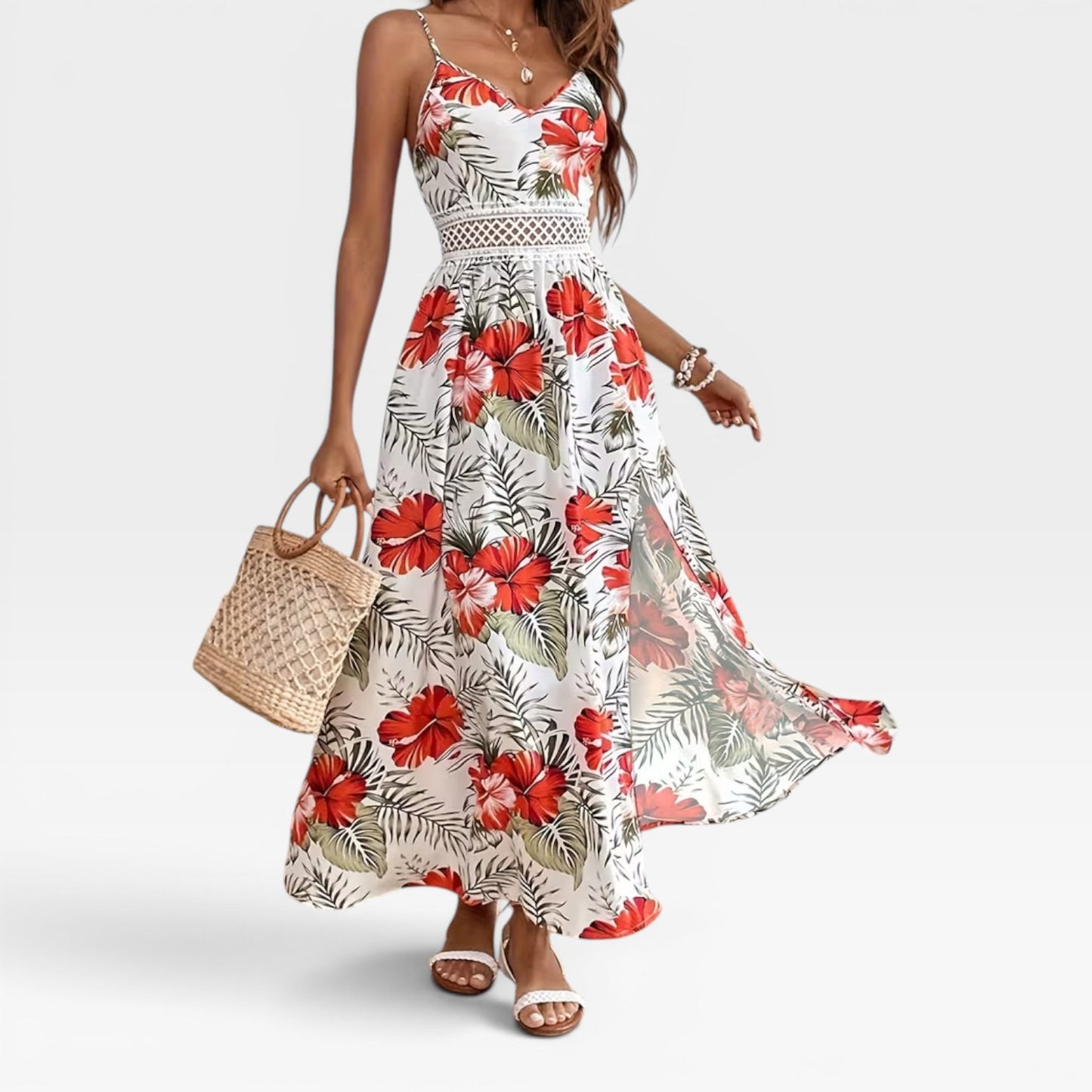 Women's Tropical Floral Maxi Dress – Cami V-Neck Summer Holiday