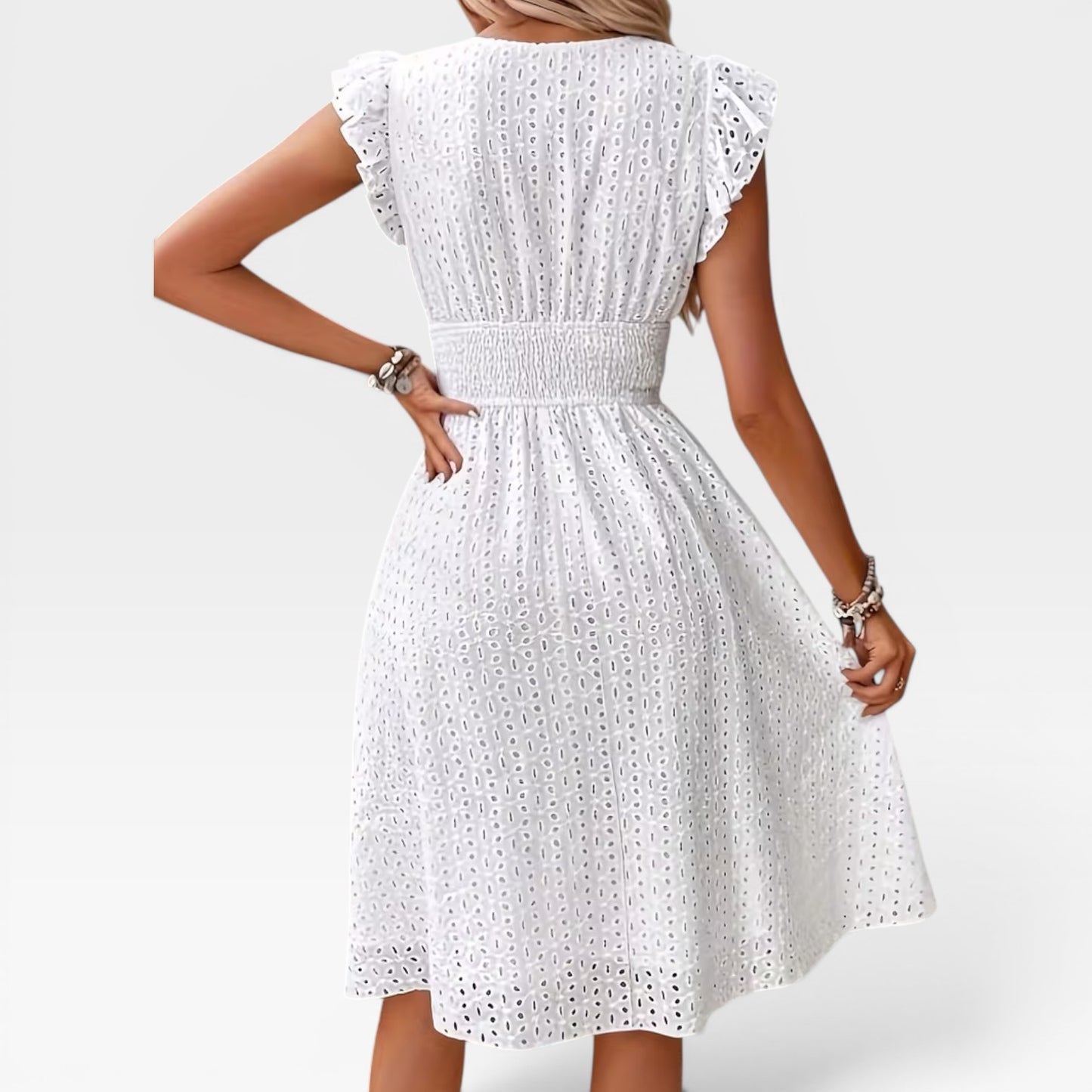 Women's Broderie Anglaise Midi Dress – V-Neck Sleeveless Summer