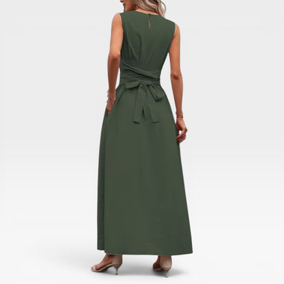 Women's Linen Blend Maxi Dress – Tie Waist Sleeveless Summer