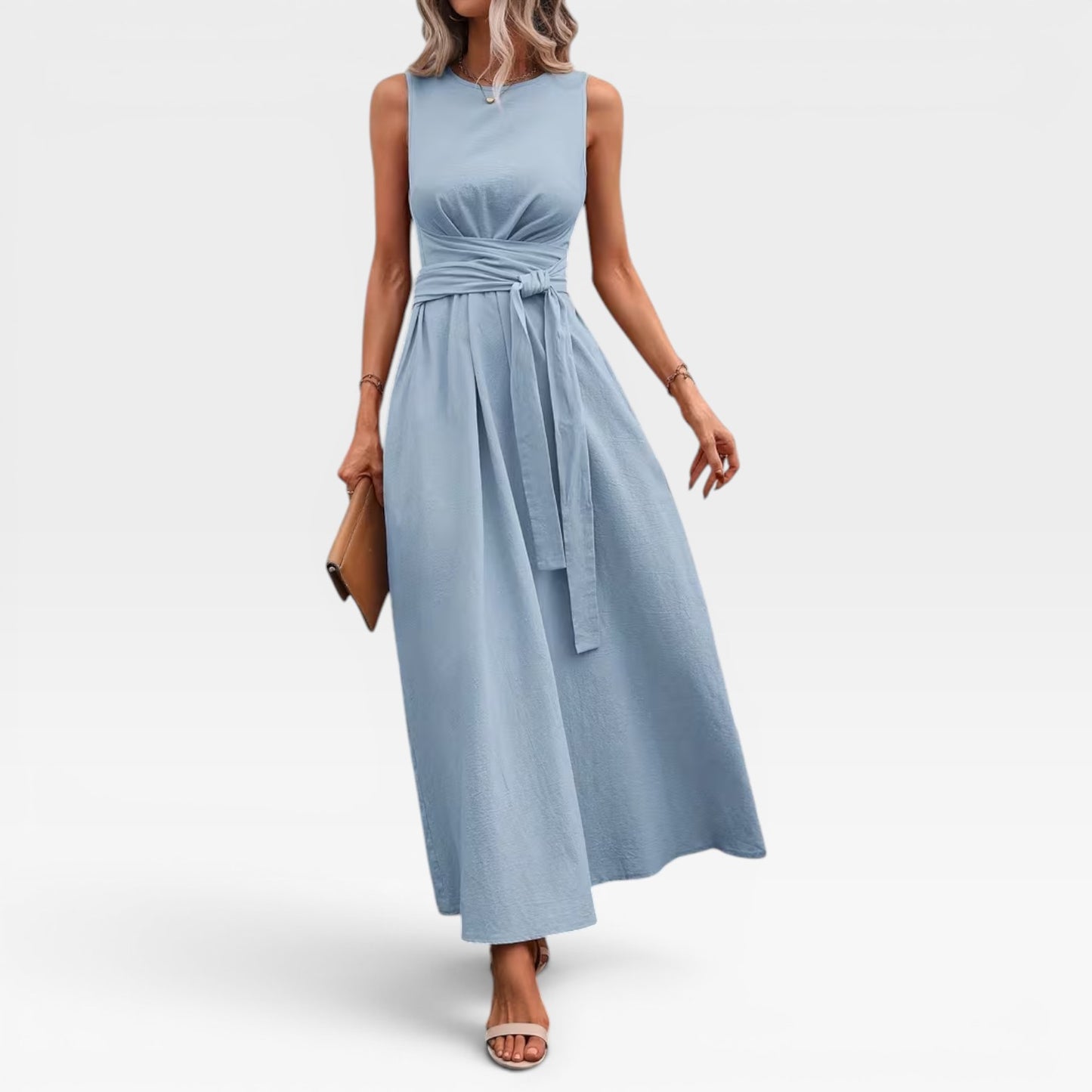 Women's Linen Blend Maxi Dress – Tie Waist Sleeveless Summer