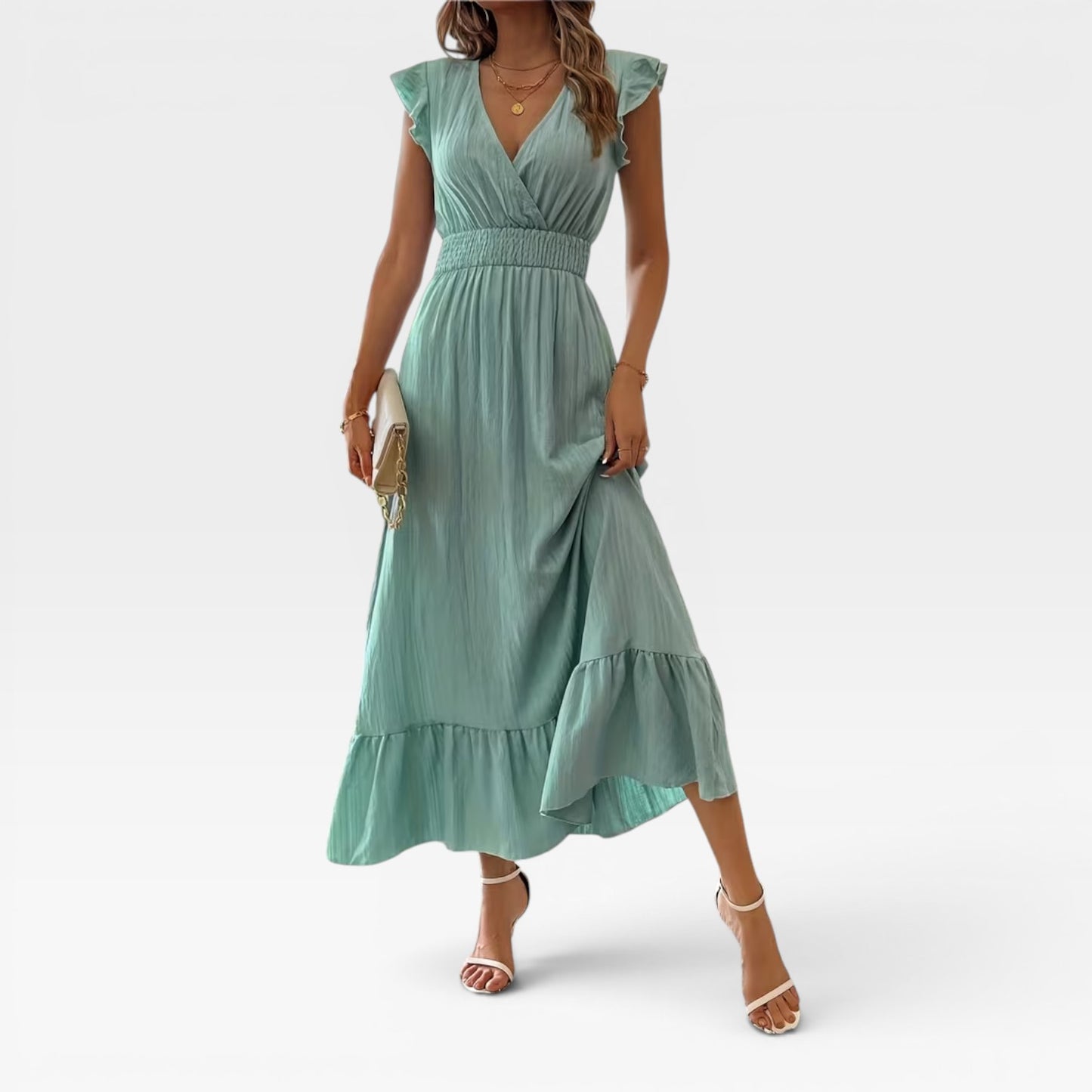 Women's V-Neck Midi Dress – Shirred Waist Cap Sleeve Wedding Guest