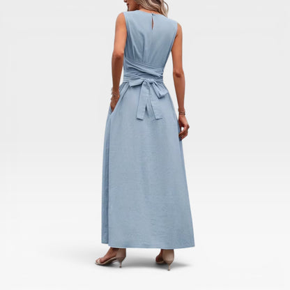 Women's Linen Blend Maxi Dress – Tie Waist Sleeveless Summer