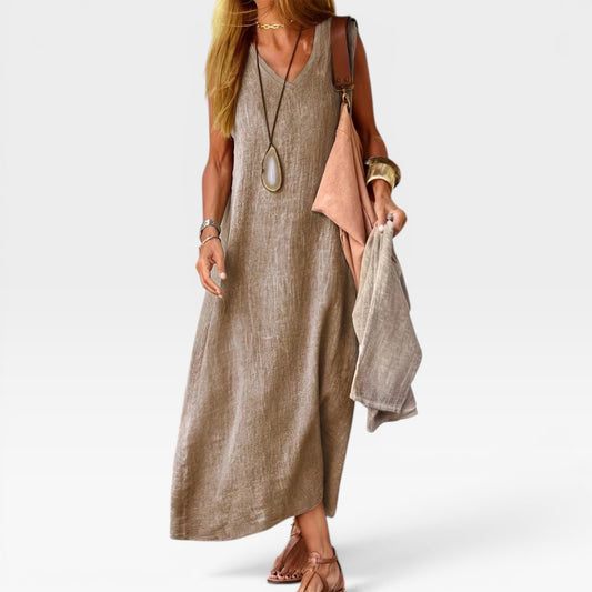 Women's Linen Blend Maxi Dress – V-Neck Sleeveless Relaxed Summer