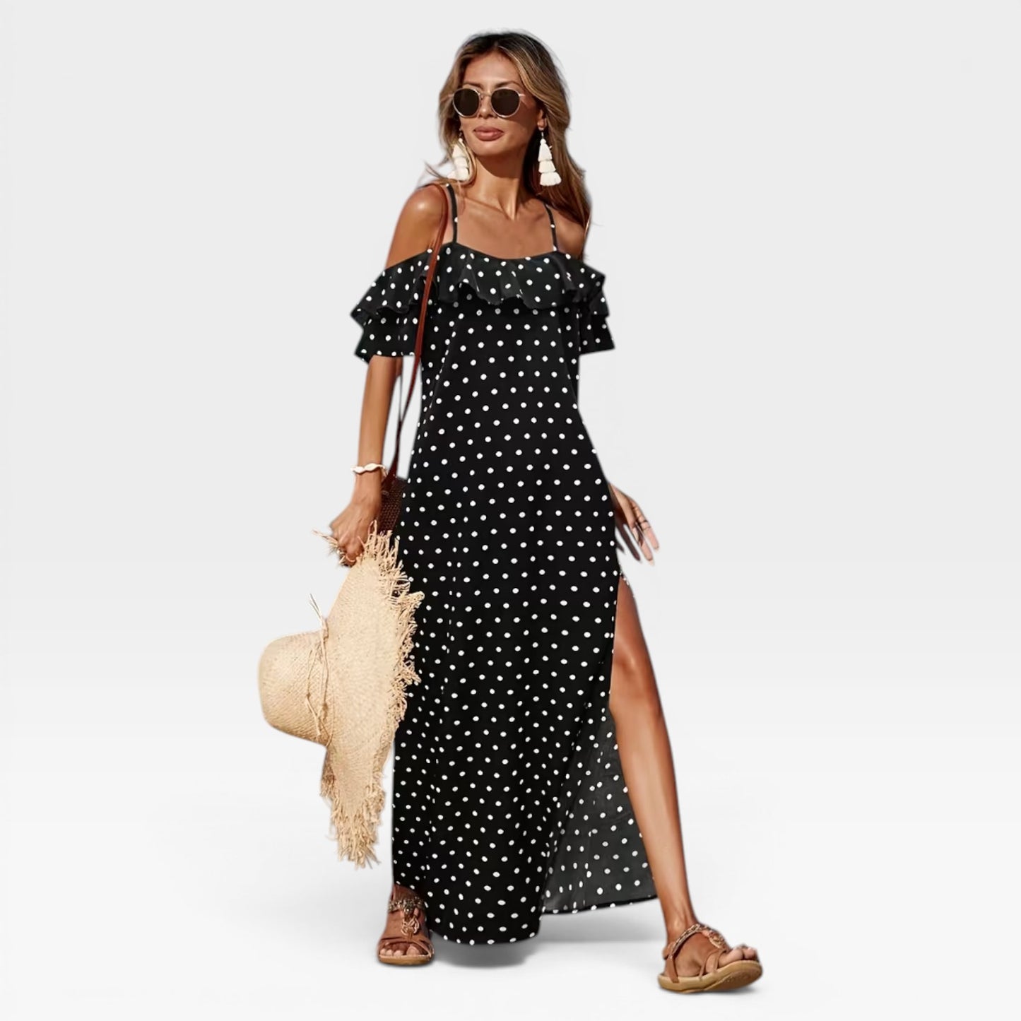 Women's Polka Dot Maxi Dress – Off Shoulder Floaty Summer