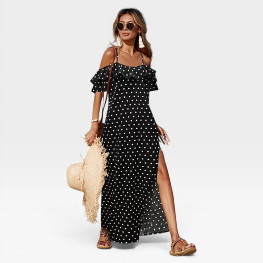 Women's Polka Dot Maxi Dress – Off Shoulder Floaty Summer