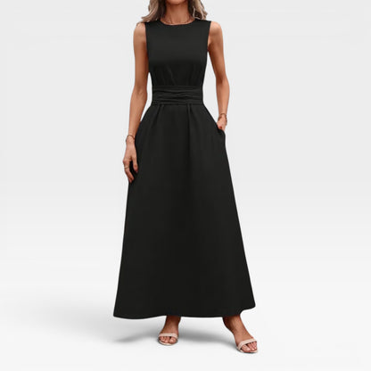 Women's Linen Blend Maxi Dress – Tie Waist Sleeveless Summer