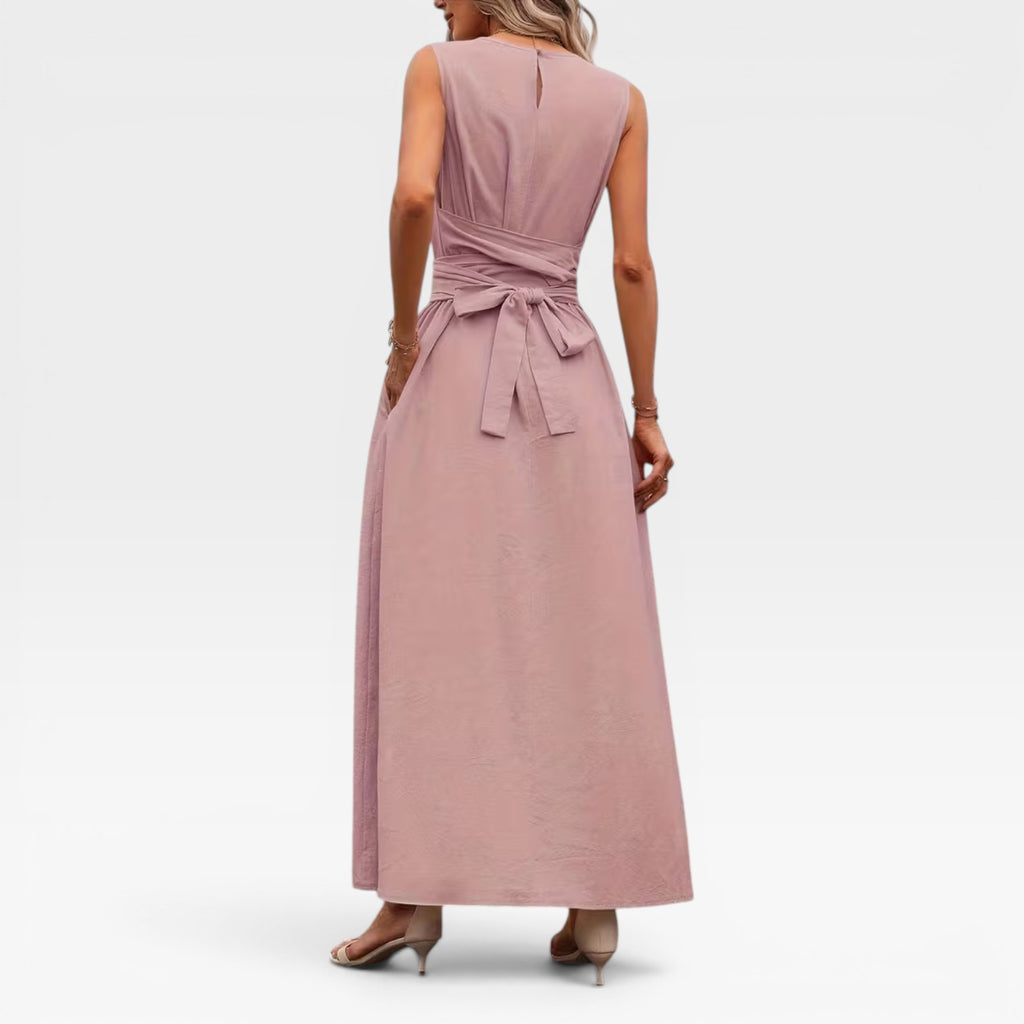 Women's Linen Blend Maxi Dress – Tie Waist Sleeveless Summer