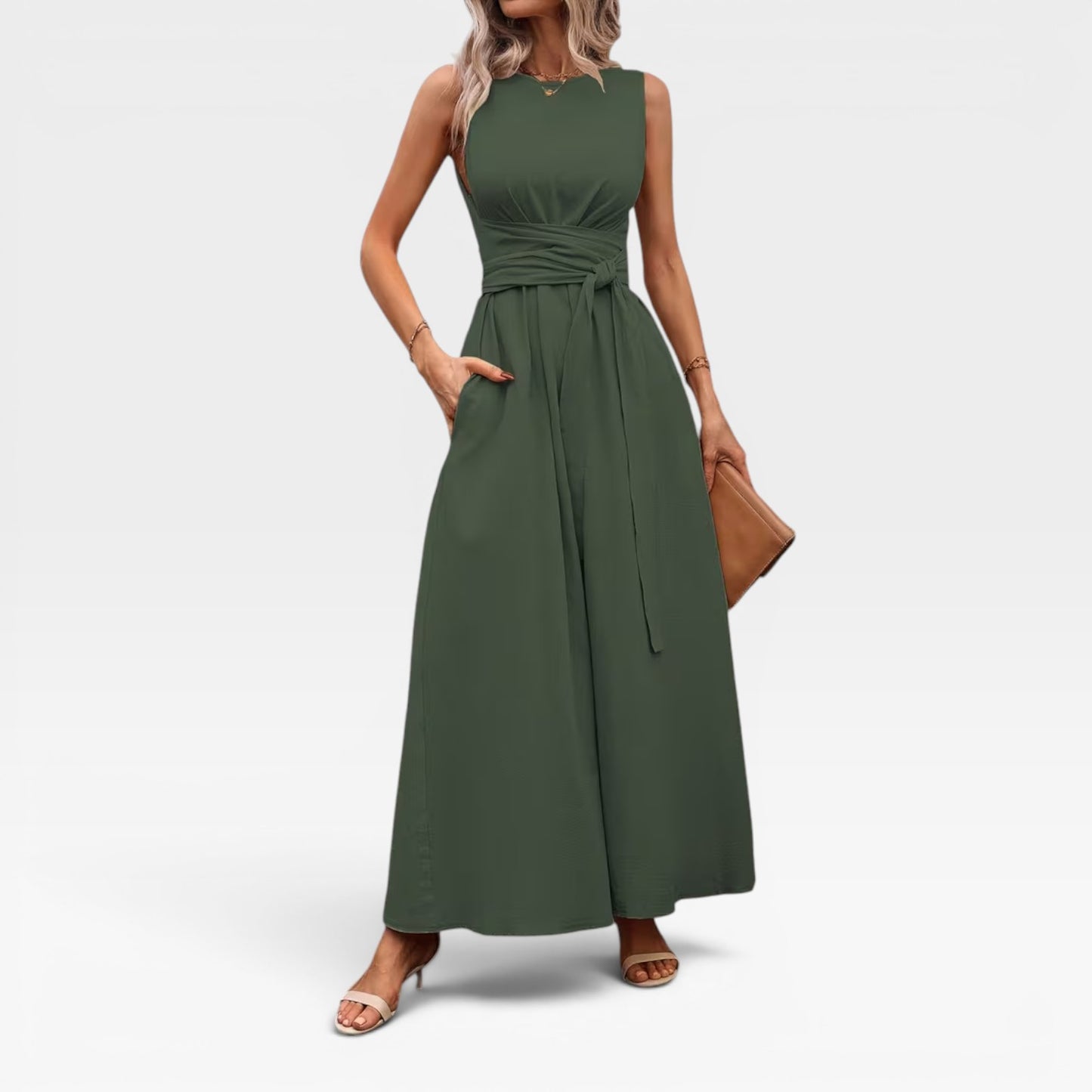 Women's Linen Blend Maxi Dress – Tie Waist Sleeveless Summer