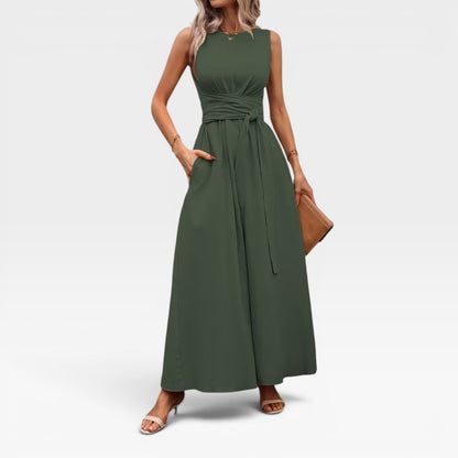 Women's Linen Blend Maxi Dress – Tie Waist Sleeveless Summer