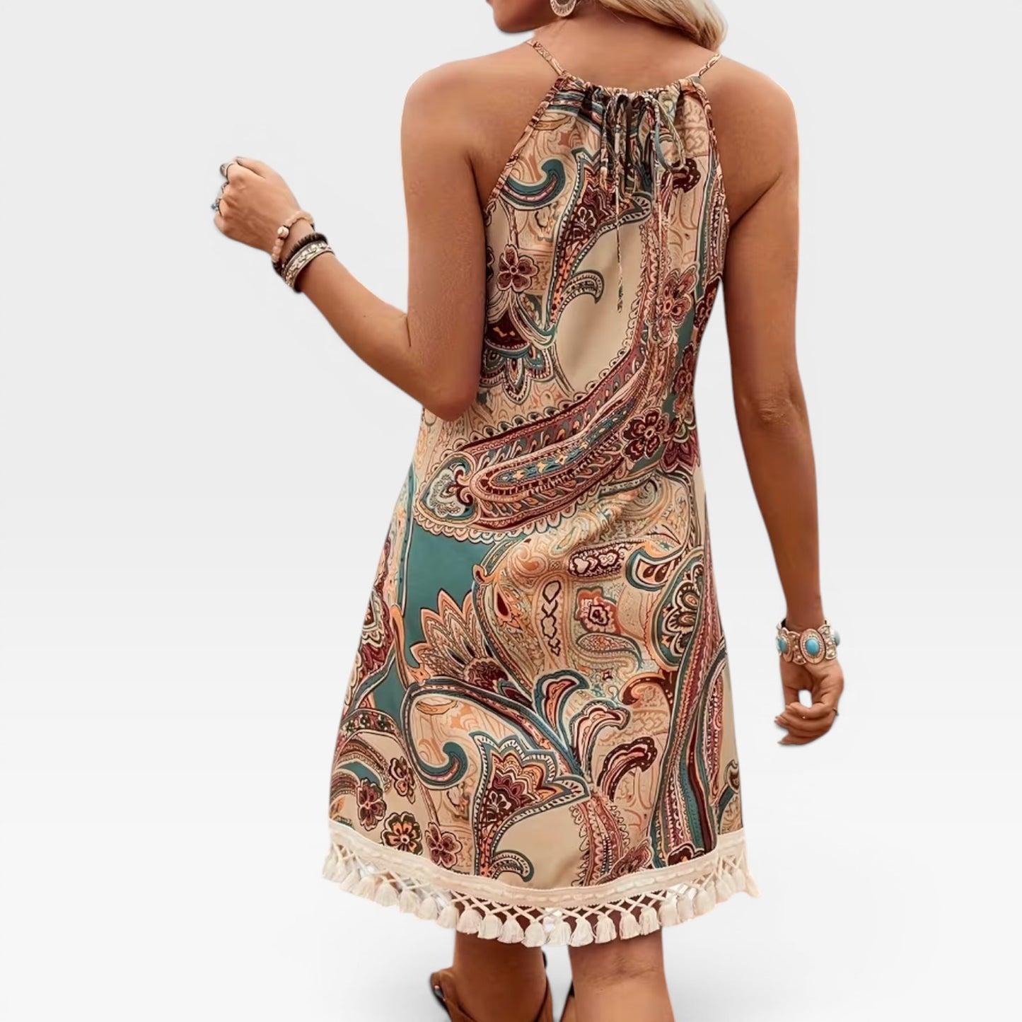 Women's Boho Paisley Mini Dress – Halter Neck Tassel Hem Summer