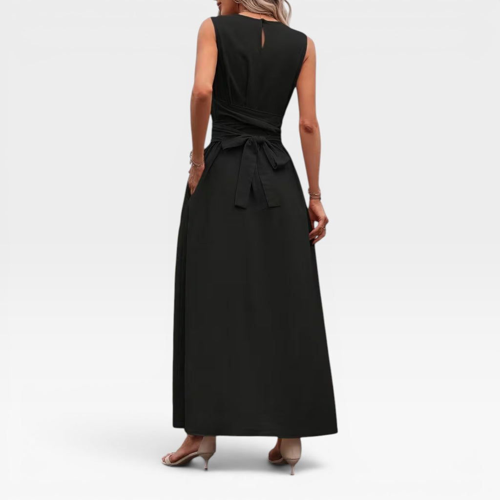 Women's Linen Blend Maxi Dress – Tie Waist Sleeveless Summer