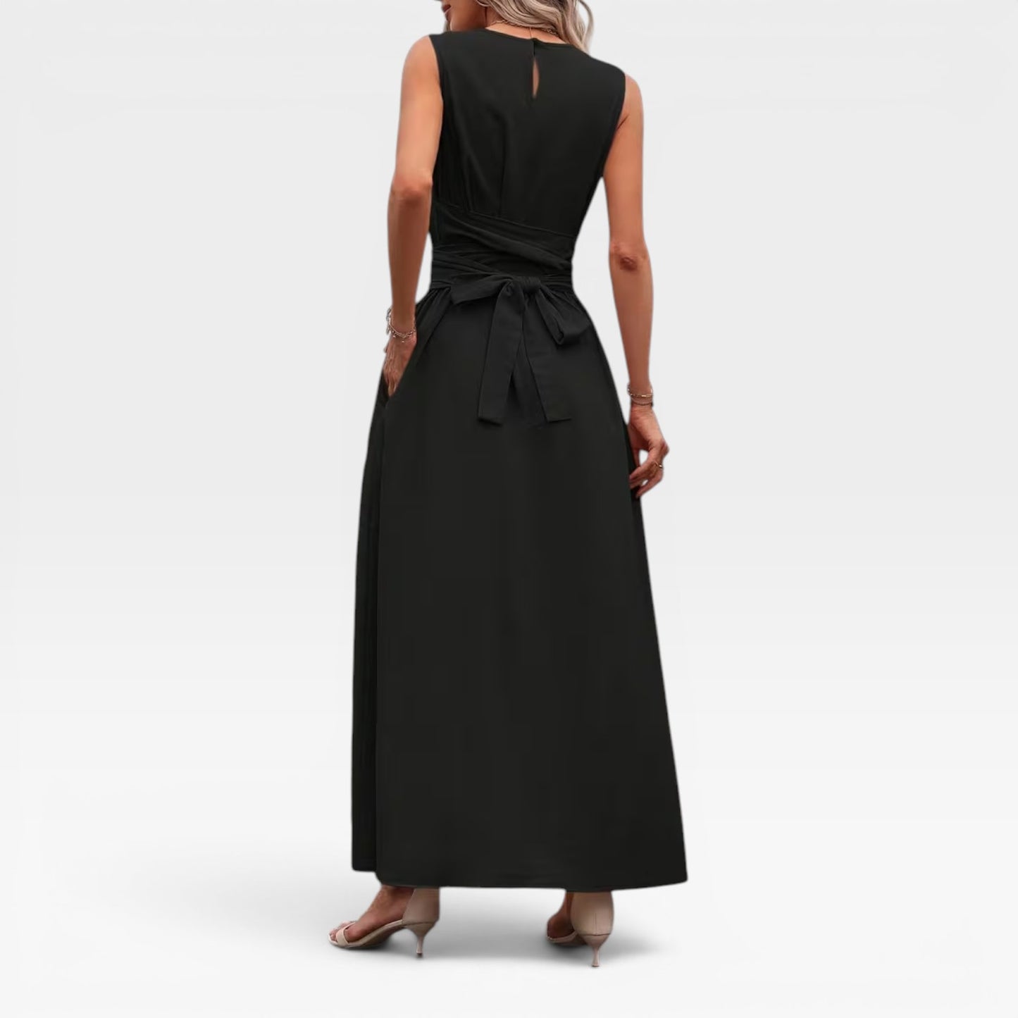 Women's Linen Blend Maxi Dress – Tie Waist Sleeveless Summer