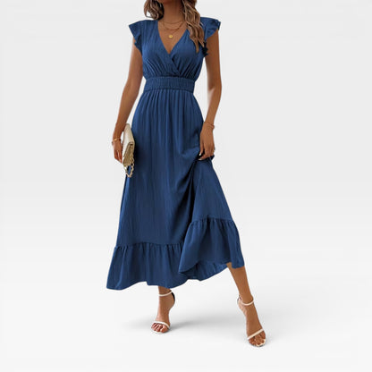 Women's V-Neck Midi Dress – Shirred Waist Cap Sleeve Wedding Guest