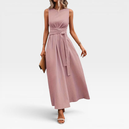 Women's Linen Blend Maxi Dress – Tie Waist Sleeveless Summer