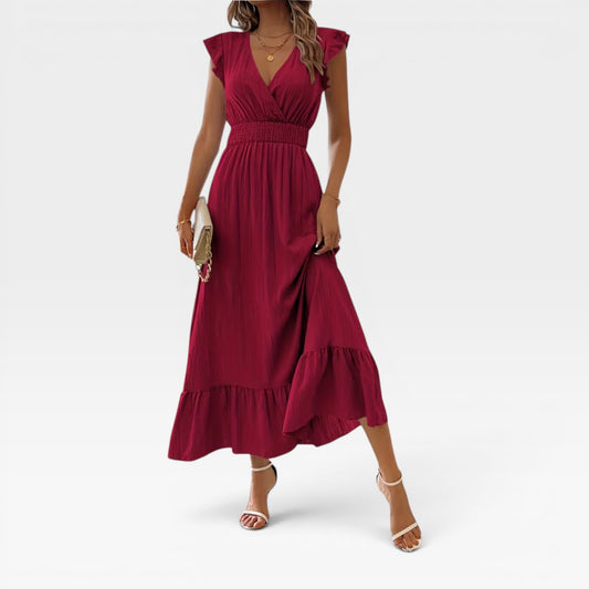 Women's V-Neck Midi Dress – Shirred Waist Cap Sleeve Wedding Guest