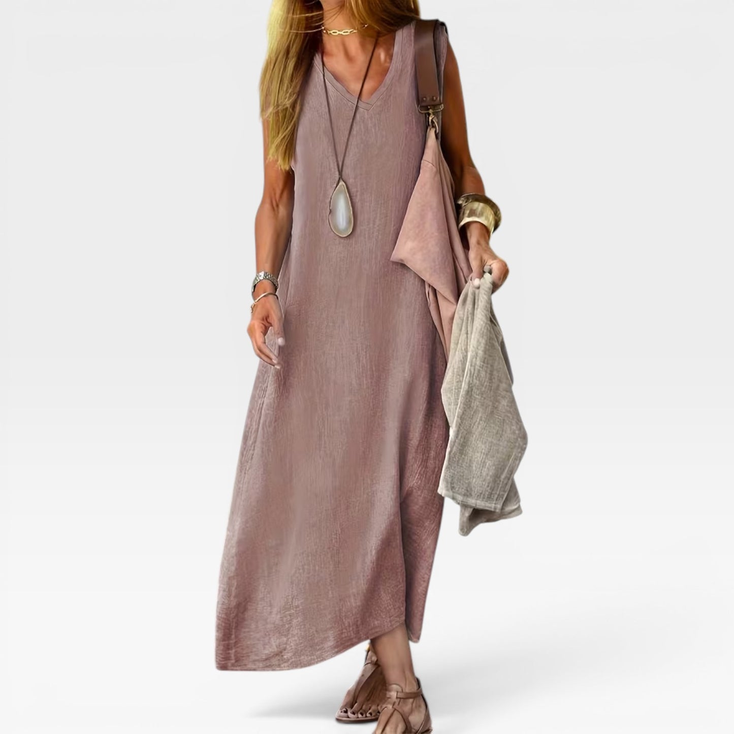 Women's Linen Blend Maxi Dress – V-Neck Sleeveless Relaxed Summer