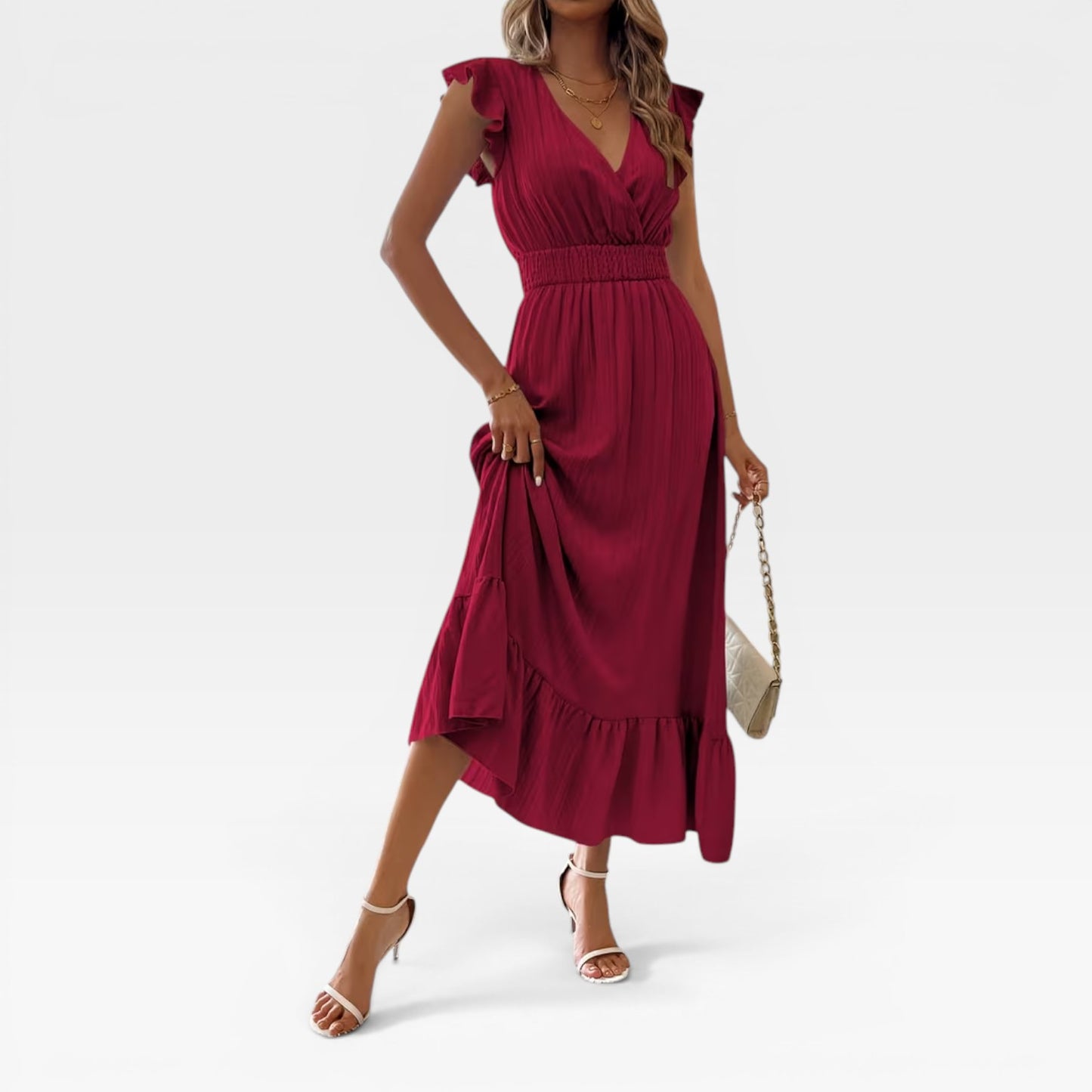 Women's V-Neck Midi Dress – Shirred Waist Cap Sleeve Wedding Guest
