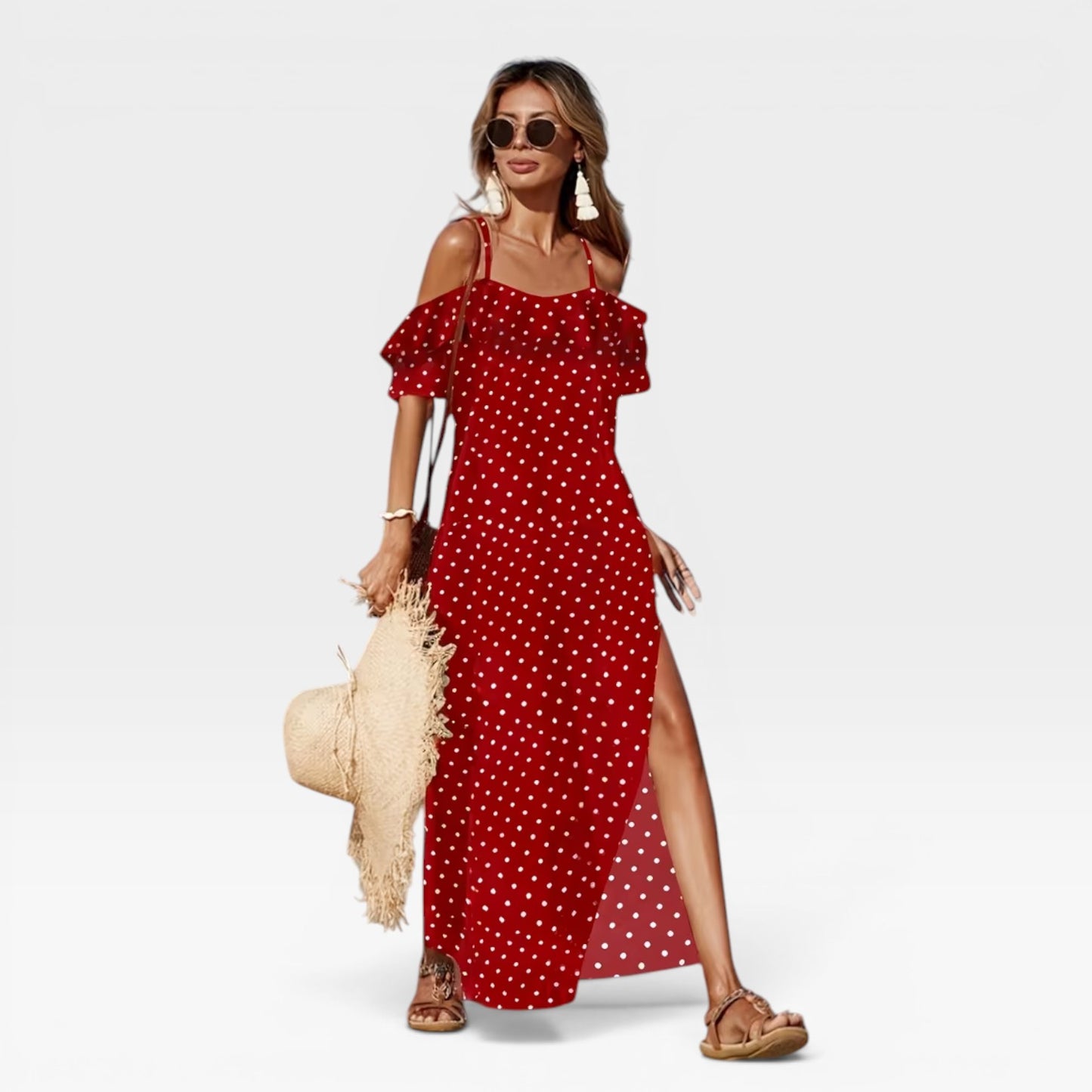 Women's Polka Dot Maxi Dress – Off Shoulder Floaty Summer